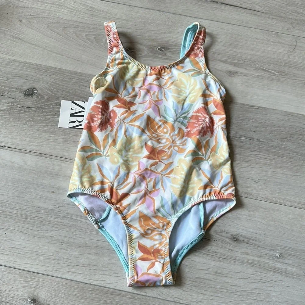 Zara Girls‎ Floral Surf One-Piece Swimsuit Blue 6/7 New With Tags